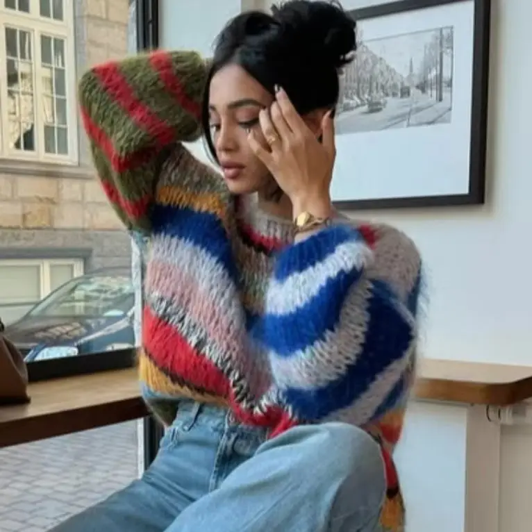 

Креативные свитера, свободные шикарные женские трикотажные изделия, винтажные привлекательные пуловеры, вязаные женские топы