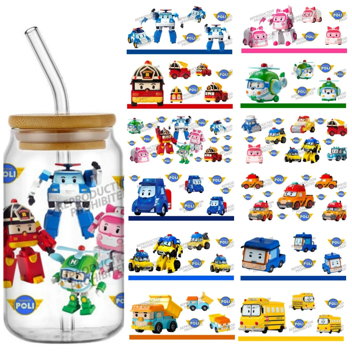 

Miniso Poli car series easy peel waterproof DIY Decals 3D transfers uvdtf stickers 16oz uv dtf cup wraps for Libbey Glasses