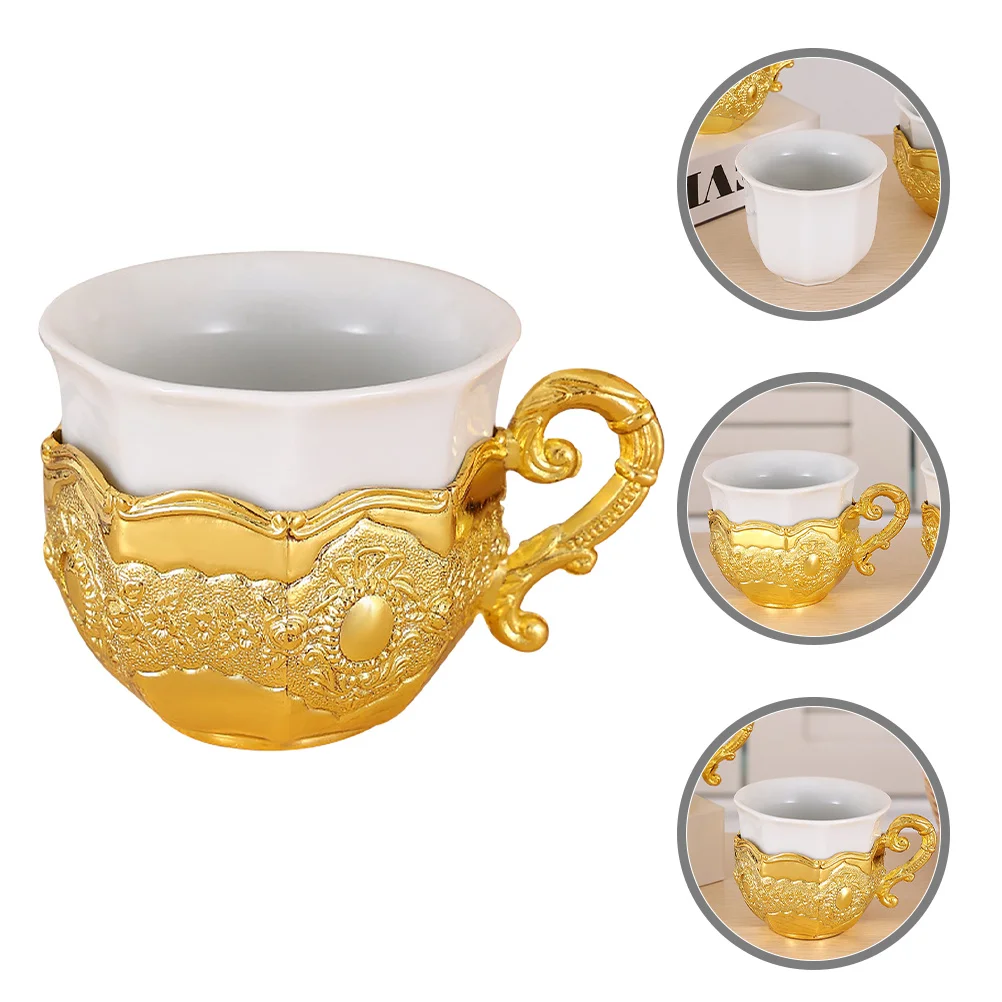 

Small Ceramic Wine Cup Retro Style with Gold Handle Aluminum Alloy Holder Suitable for Wedding Family Gathering Traditional