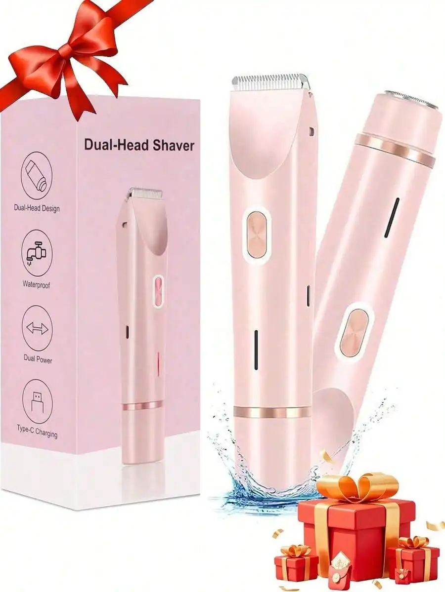2 In 1 Women Electric Razor & Bikini Trimmer, IPX7 Waterproof Wet Dry Shaver With Ceramic Sharp Blade, USB Rechargeable 400mAh Dual Head Trimmer For Face, Underarm, Leg And Pubic Hair, Portable Personal Groomer, Gift For Men Women, Travel-Friendly
