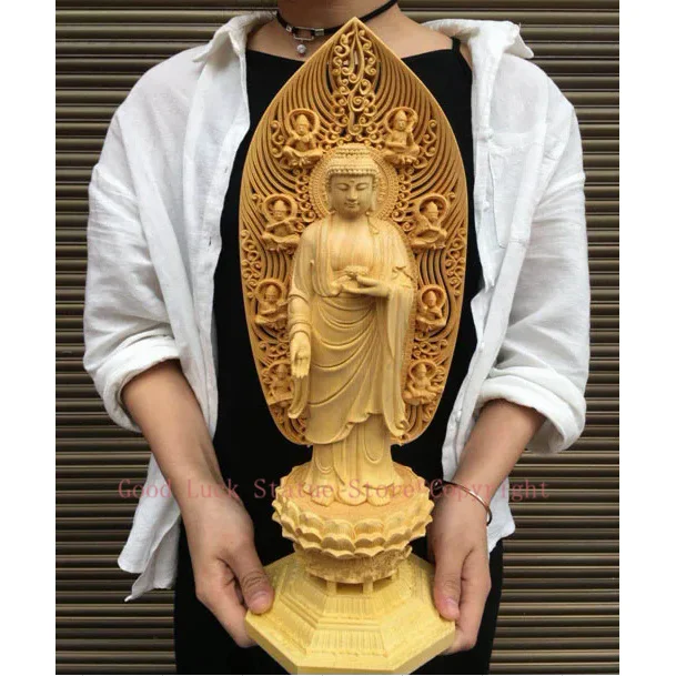 

43CM Large --HOME family protection Ornament # TOP Handmade wood carving Lotus Sakyamuni Amitabha Medicine Buddha statue art