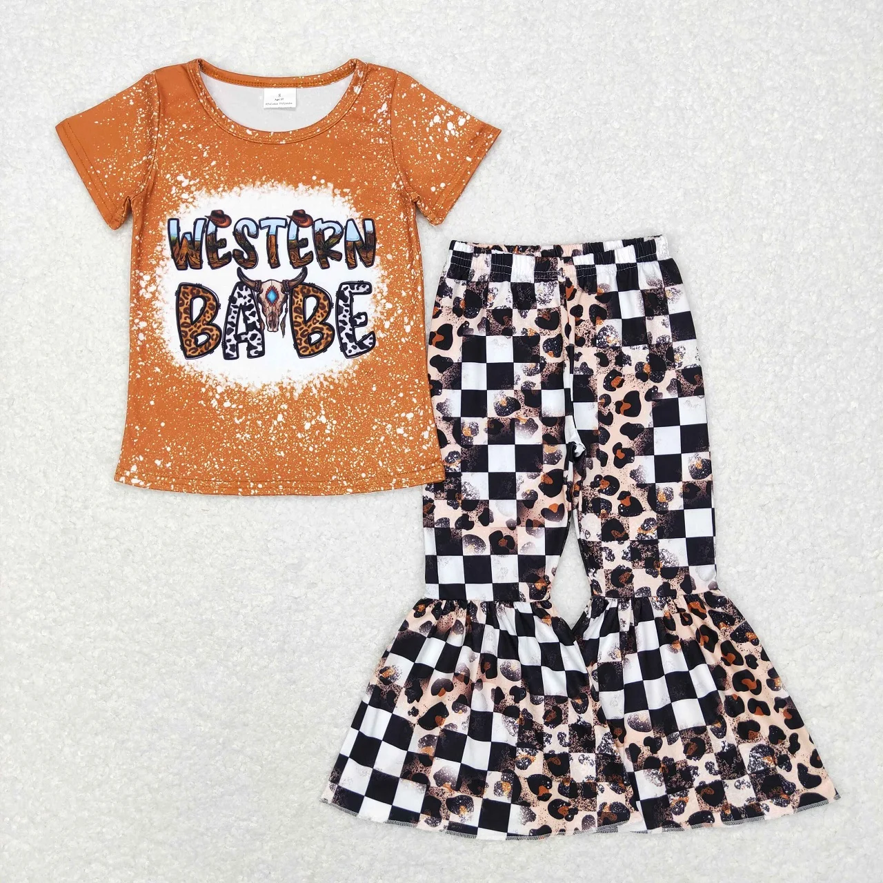 

Wholesale Infant Children Western Sets Baby Girls Toddler Short Sleeves T-shirts Kids Checkered Leopard Bell Pants Infant Outfit