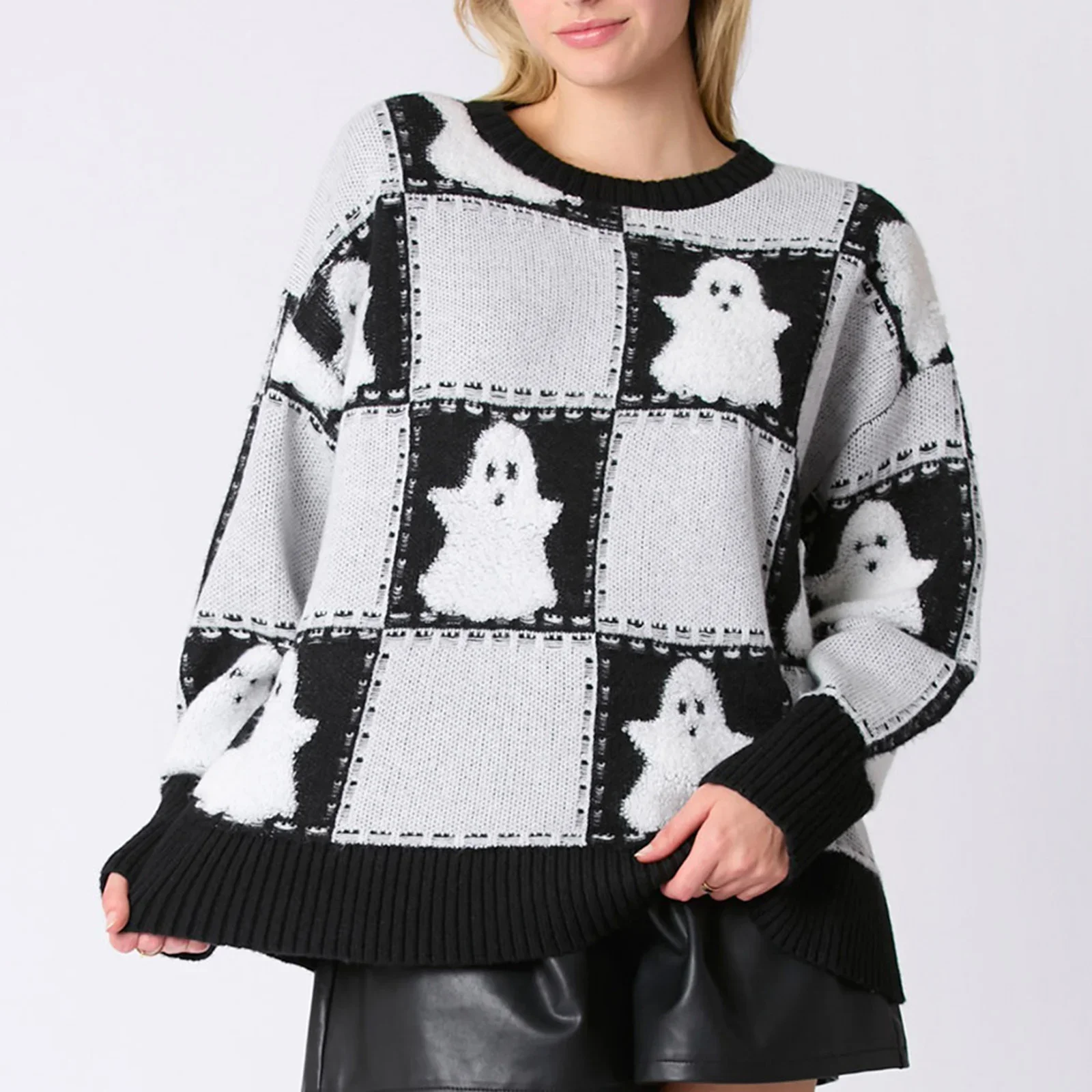 Women's Halloween Aesthetic Checkered Sweater Loose Ghost Crew Neck Long Sleeve Pullover Knit Tops Casual Streetwear