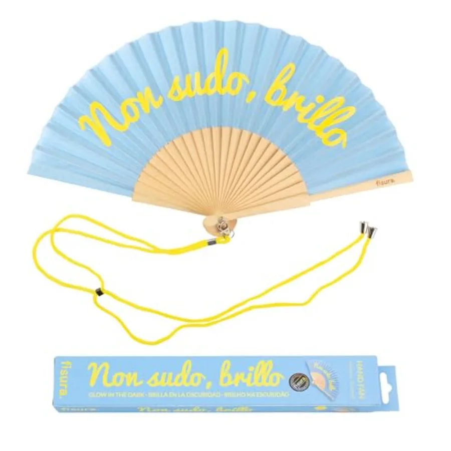 Abanico Plegable Azul Original Fisura con Mensaje "Non sudo" Abanico de mano de madera para mujer con colgador. Diseño que brilla en la oscuridad. A