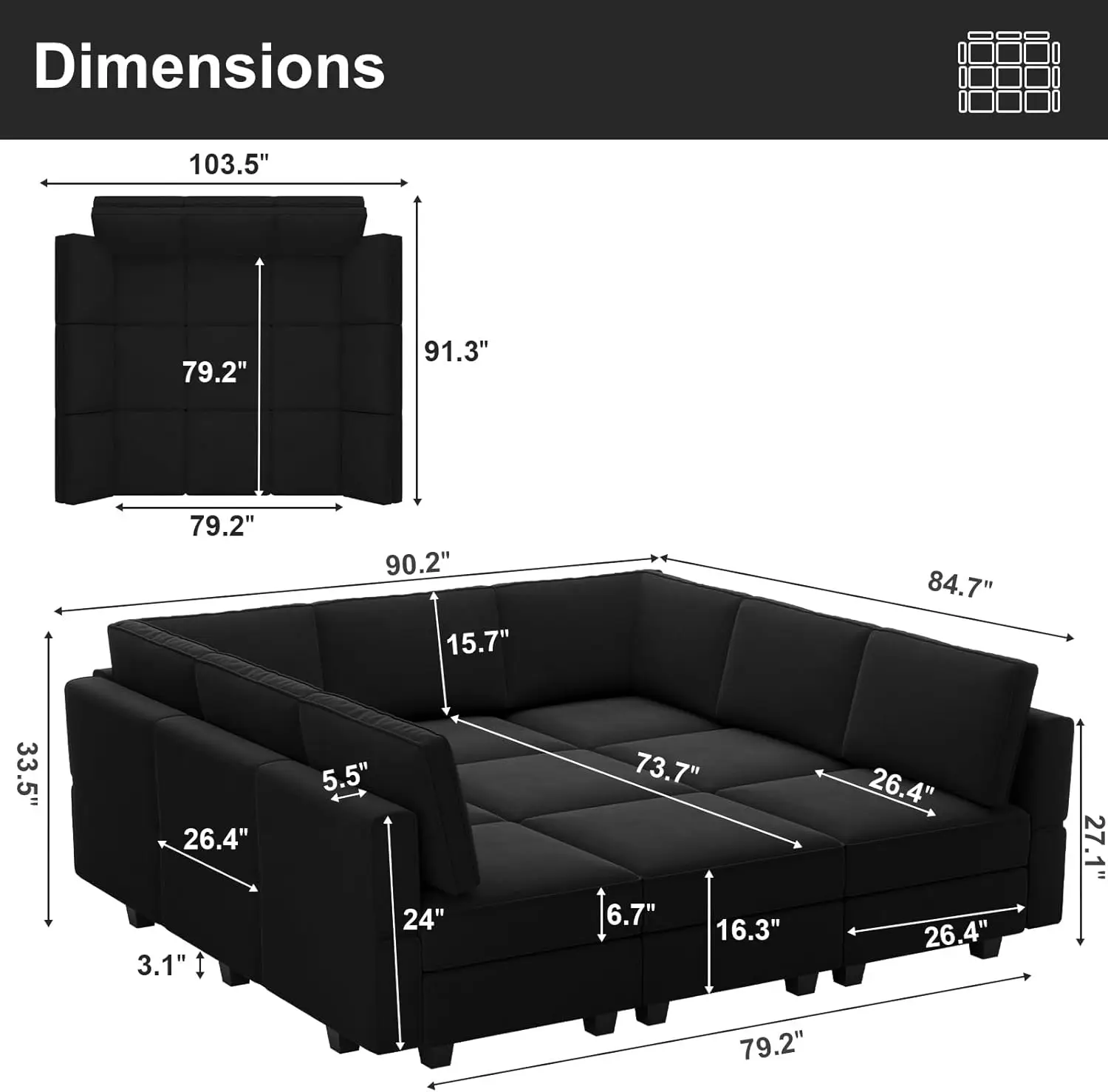 Modular Sectional Sofa with Ottomans Velvet Reversible Sleeper Chaise Bed Storage Seat Black