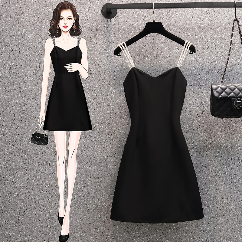 

Plus Size Women Sleeveless Pearl Slip Black Party Dress Women 2022 Summer V Neck Elegant Sexy Mini Sundress Female Luxury Cloth