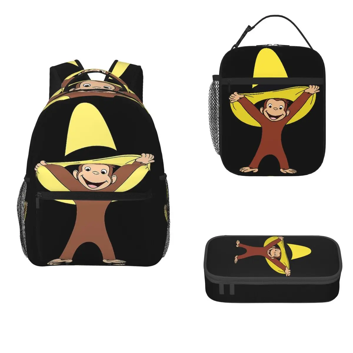 

Curious George Backpacks Boys Girls Bookbag Students School Bags Cartoon Kids Rucksack Lunch Bag Pen Bag Three-Piece Set