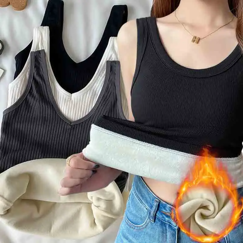 Winter Velvet Thickened Undershirt for Women Slim Cozy Thermal Underwear Camisole Warm Sling Vest Top Bottoming Velvet Tops