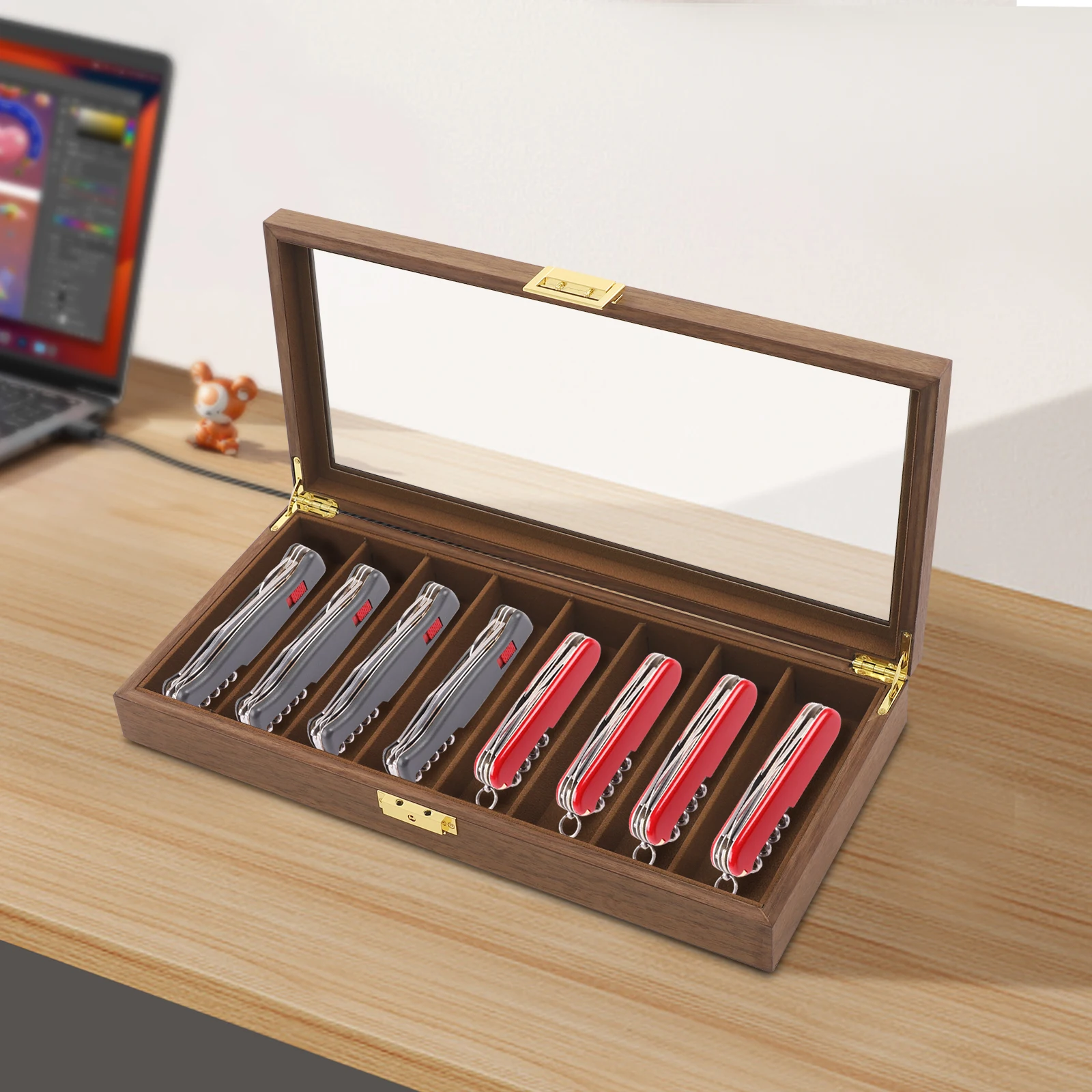 علبة عرض السكاكين، صندوق تخزين السكاكين، علبة عرض السكاكين، صندوق جمع منظم، زجاج معدني، فلنلت، لون الجوز/أسود
