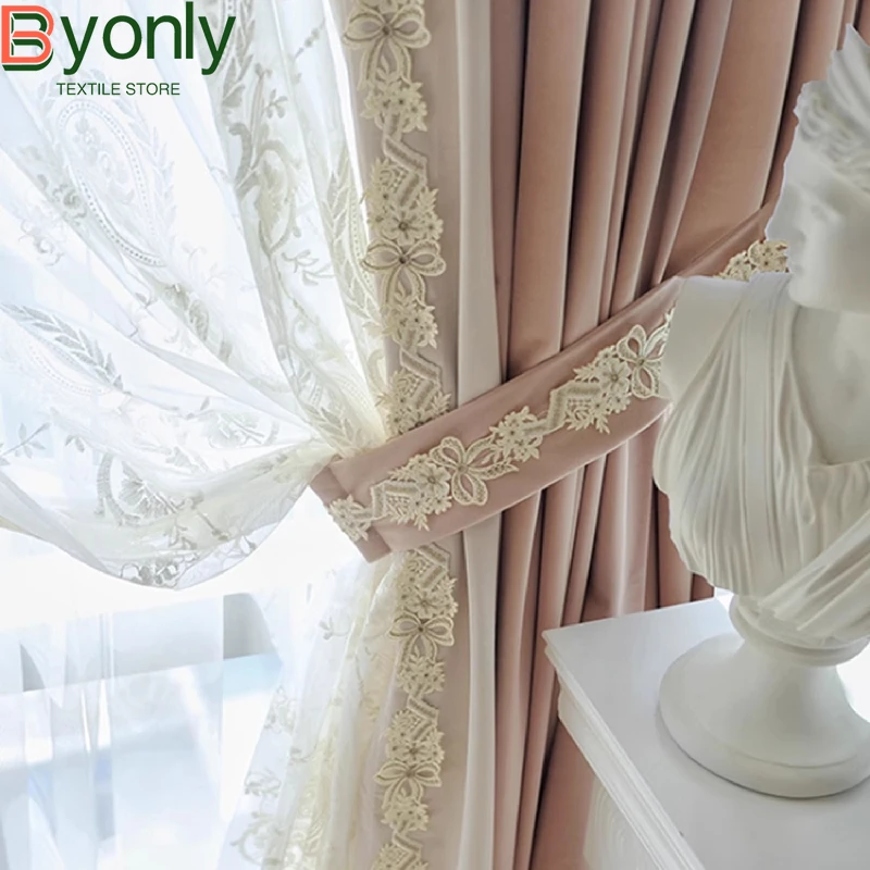 Ins Pink Splicing Velvet Lace Window Screen Curtains for Living Room Bedroom Floor-to-ceiling Window Balcony Custom Girl's Room