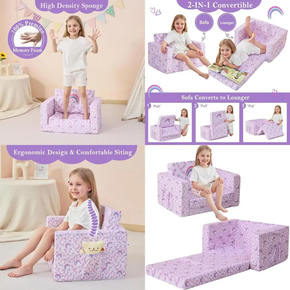 

Convertible Toddler Couch Bed for Playroom, Comfortable for Boys & Girls, Ideal for Gifts or Children's Day Celebrations - Rainb