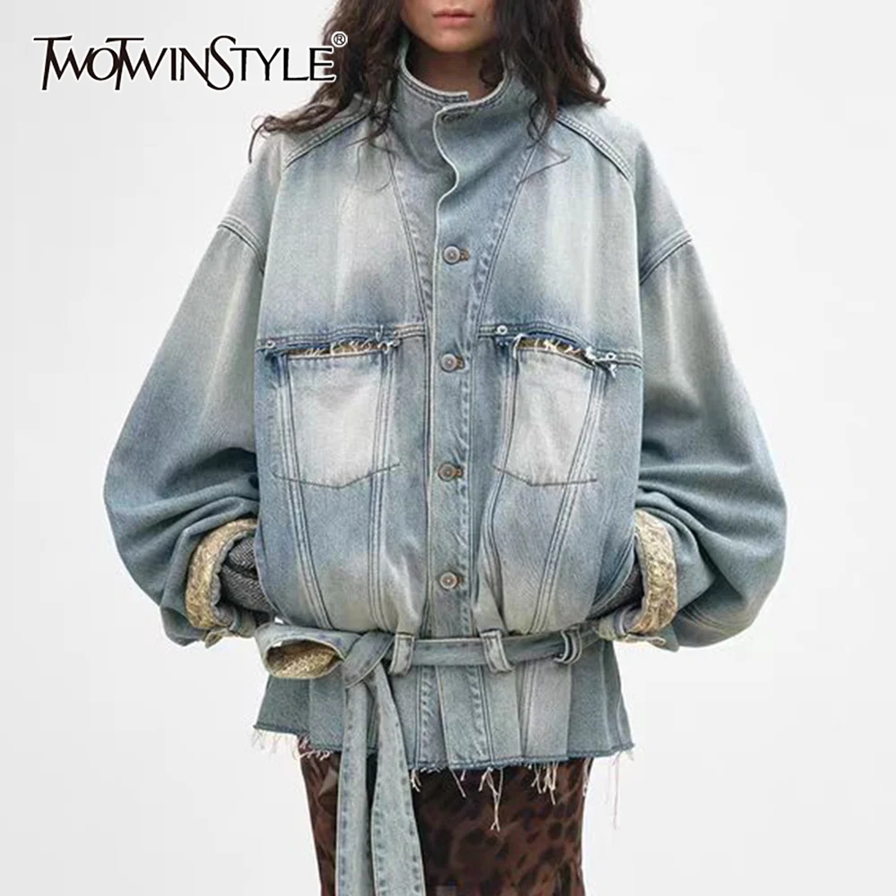 

TWOTWINSTYLE Blue Spliced Lace Up Jacket Female Turtleneck Long Sleeve Loose American Retro Women's Jackets Autumn Fashion New