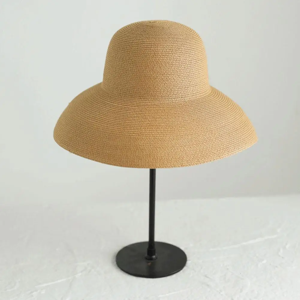 Summer Sun Hats Ladies Solid Plain Elegant Wide Brim Hat Female Round Top Panama Floppy Straw Hat Hepburn Beach Hat