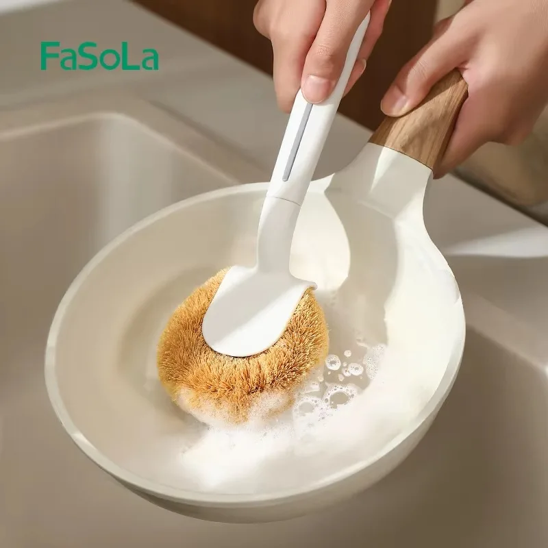 FaSoLa Coconut Fiber Pot Brush Dish Pan Natural Coconut Fiber Washing Brush with Handle Kitchen Dish Scrub Brush