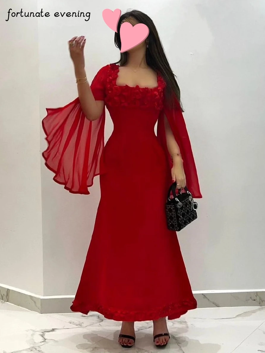 Fortunate Evening Elegant Vintage Sweet Sexy Red Mermaid Ruffle Square Collar Formal Occasion Prom Dress Evening Party Gowns