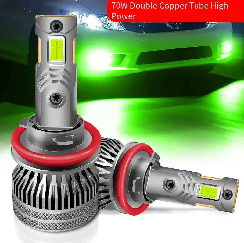 Dual Copper Tube 70W Green Lemon LED Headlight Bulbs H8 H9 H11 H16 HB3 HB4 HIR2 H10 9005 9006 9012 9145 2504 5202