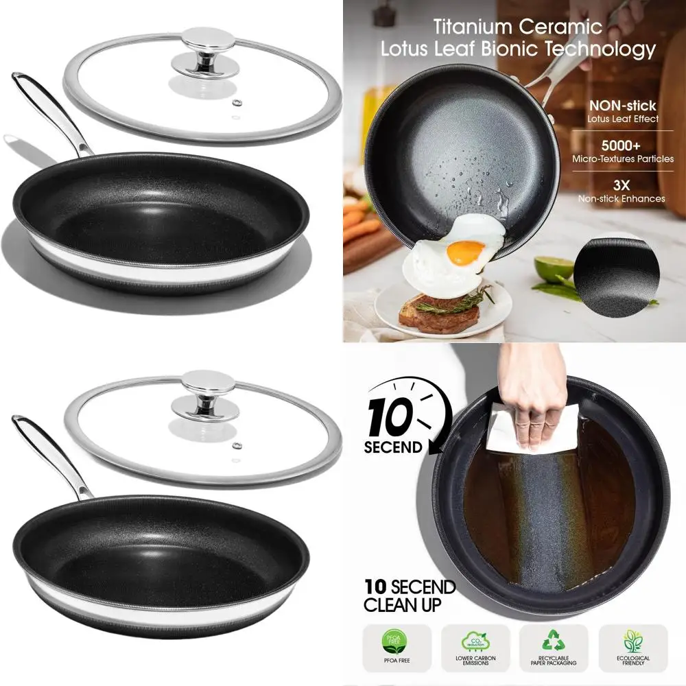 

12-титановая керамическая сковорода с антипригарным покрытием, крышкой, прохладной ручкой, без PFAS/PTFE/PFOA, нетоксичная, можно мыть в посудомоечной машине и в духовке, подходит