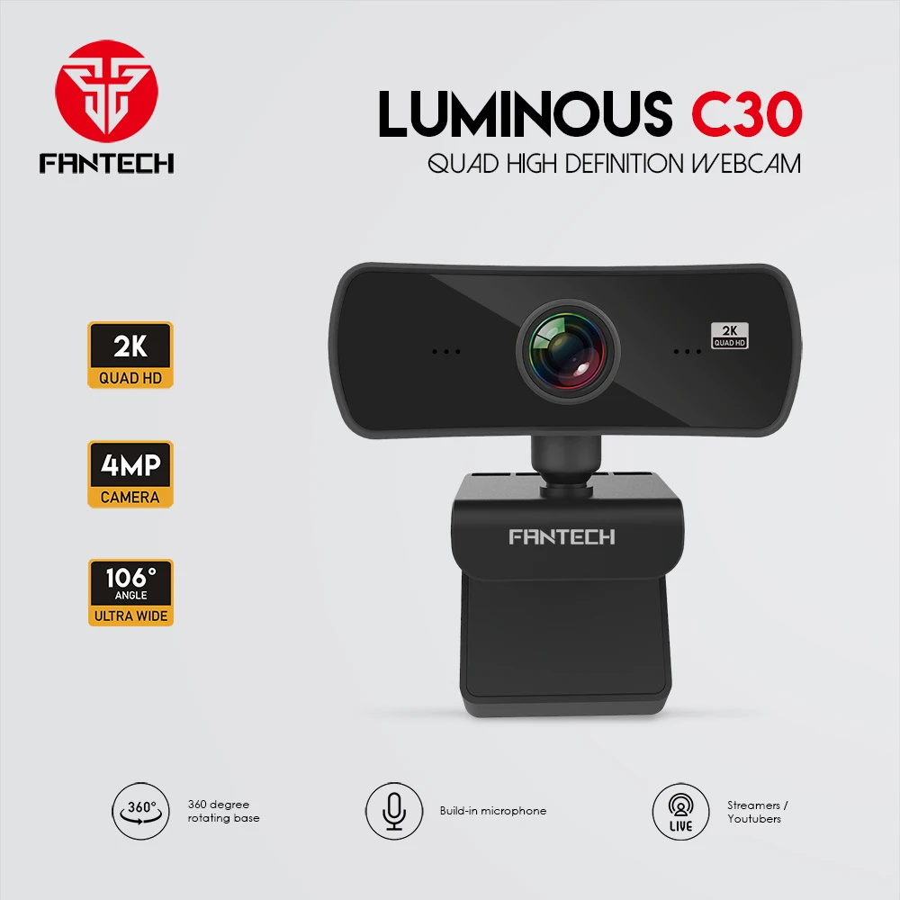 

FANTECH LUMINOUS C30 Webcam 2K 2560 x 1440 4MP Mini Camera Build-in microphone Complete With Lens Cover Webcam for PC