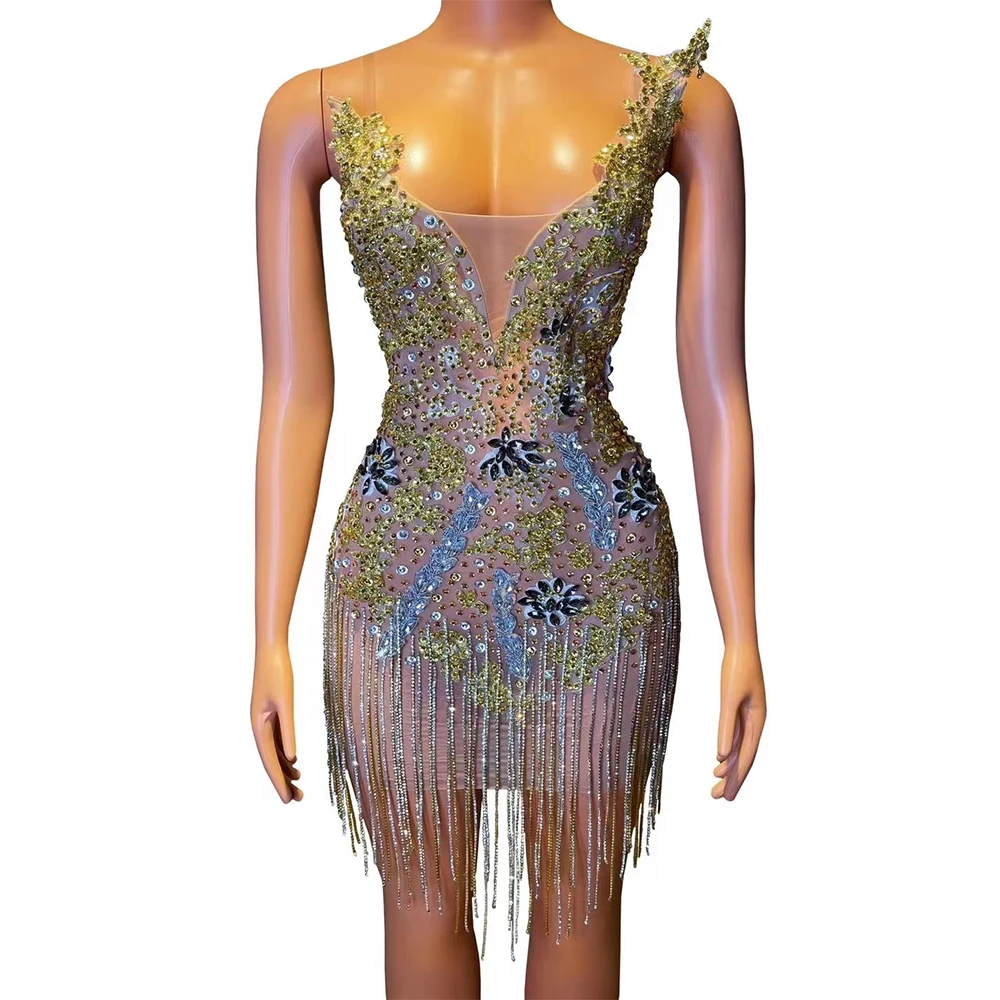 

Women Sexy Sparkly Cocktail Short Dress Luxury Rhinestones Chain Gold Prom Gowns Birthday Celebrity Performance Stage Dress