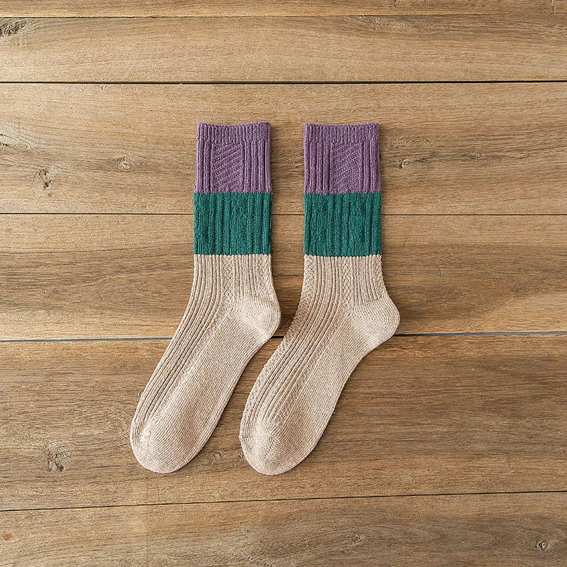 Autumn and Winter Women's Mid-calf Cotton Socks Retro Warm Thick Needle Color Blocking Pileup Socks