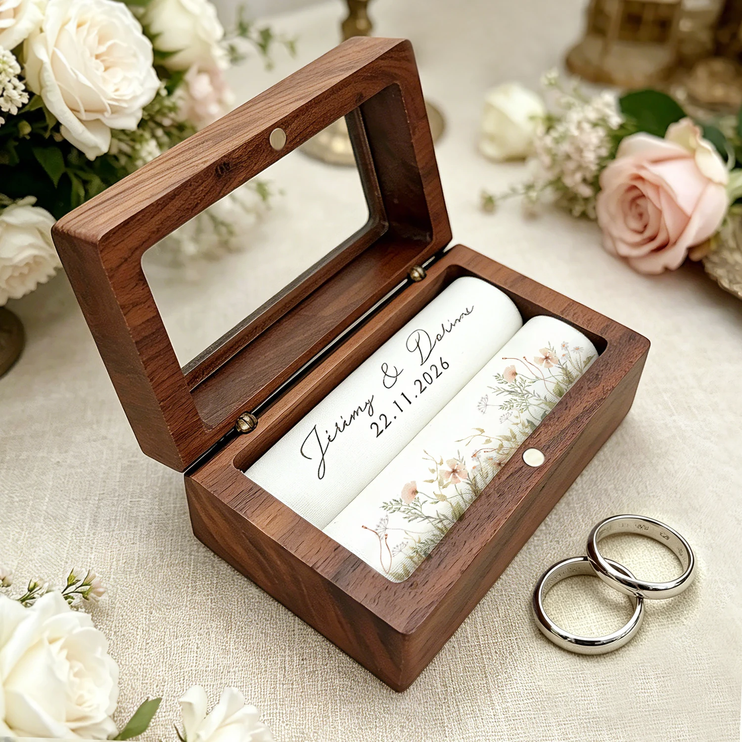 Image of Kostenlose Individuelle Logo-Gravur auf Walnussholz-Ringbox mit Klarsichtfenster für Hochzeit, Heiratsantrag und Verlobung, Anpassbare Namen- und Datumsangabe