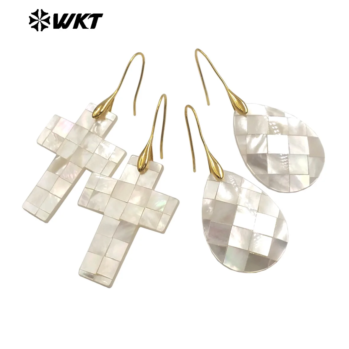 WT-MPE154 Special Design Cross And Waterdrop Shape Smooth Bright Surface White Shell Check Pattern Hook Earring
