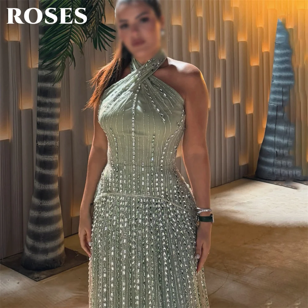 ROSES Sage Green Evening Gown Halter Neck Sleeveless Prom Dress with Crystal Wedding Evening Dress robes de soirée Customized