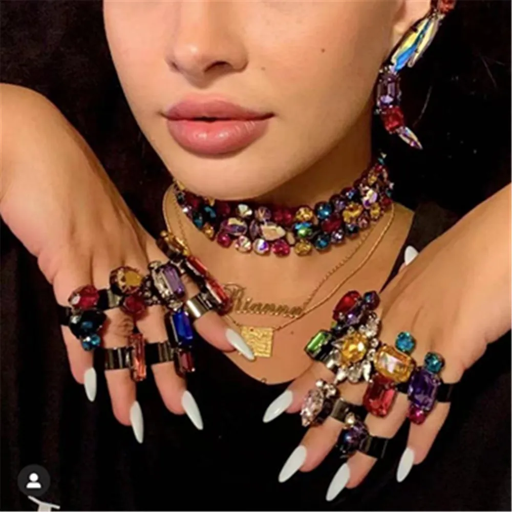 5 Style Custom Rainbow Rhinestone Open Adjustable Rings Set for Women Christmas Colorful Crystal Geometric Square Rings Jewelry