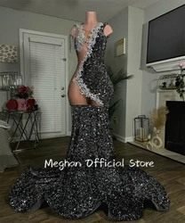 Black O Neck Beaded Crystal Long Prom Dresses For Black Girl Sequined 2024 Birthday Luxury Dress Tassel Graduation Gown Back Out