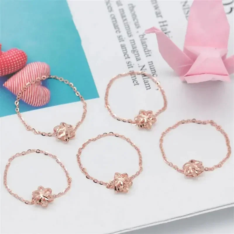 

585 Purple Gold 14K Rose Gold Openwork Chain Peach Blossom Rings for Women Slim Delicate Petite Sweet Engagement Jewelry