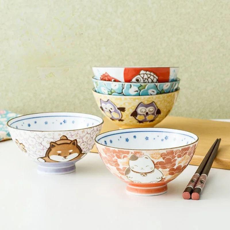 Japanese Imported Cartoon Ceramic Bowl Relief Tableware Household Children's Rice Bowls Cute Fortune Cat Small Ramen Bowl Gift