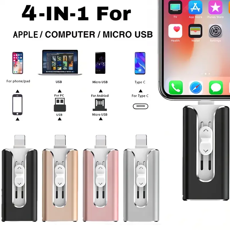 4 in 1 USB Flash Drive 64GB-1TB, HighSpeed USB 3.0 Memory Stick for iPhone & Type-C &Android & PC, Photo Stick Thumb Drive
