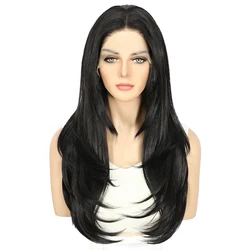 Perruque Lace Front Wig synthétique mi-longue noire 1B, 13x3, 25 ~ 26 pouces, pour femmes, 2024