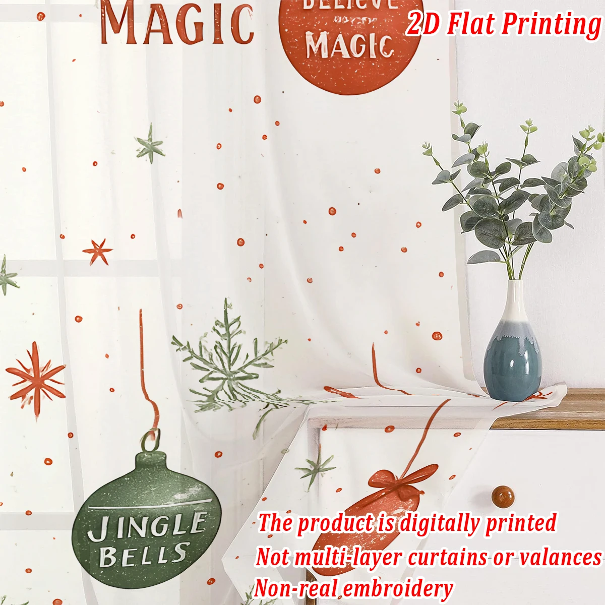 Christmas Flat Printing Sheer Curtain with Christmas Ball Snowflak Pine Branch for Living Room Bedroom Decor Holiday Party