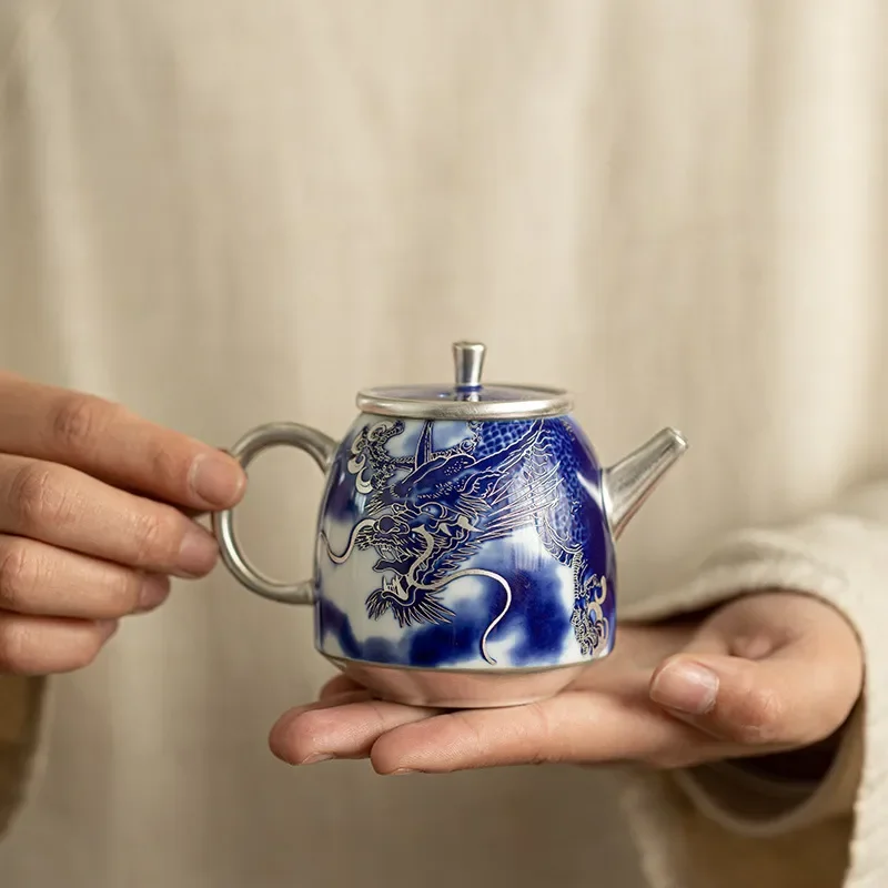 Dehua Blue and White Porcelain Kung Fu Tea Set Handmade Ceramic Teapot with Silver Accent Traditional Rock Tea Ware for Home