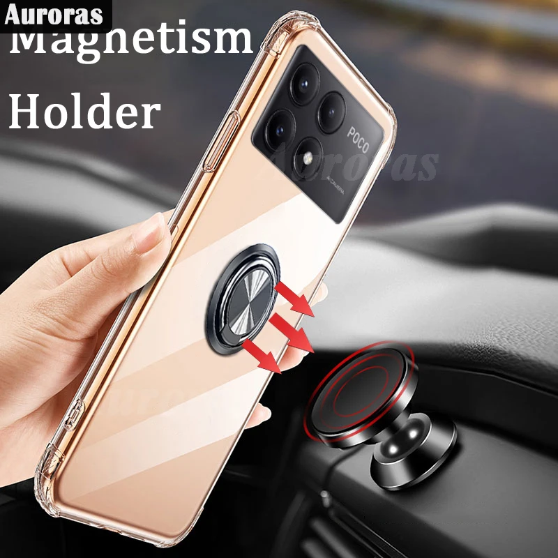 Auroras For Xiaomi Poco X6 Pro 5G Case Adsorbable Ring Transparent Airbag Silicone Shell For Mi POCO M6 Pro 4G Cover Funda