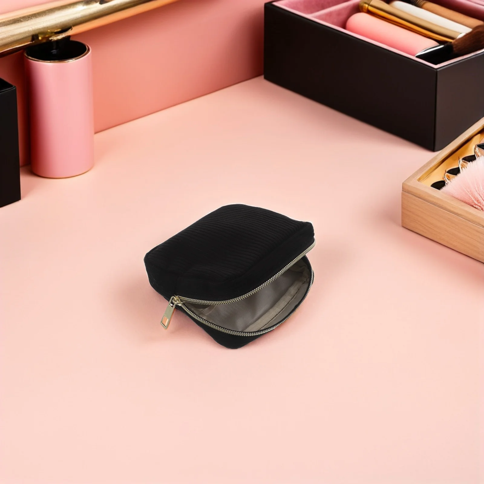 Compact Small Makeup Bag for Purse Black Mini Travel Case Women Girls Portable Organizer Toiletries Storage Bag Daily