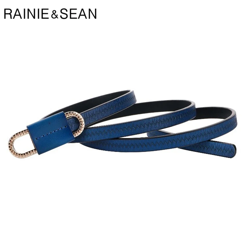 

RAINIE SEAN Thin Belts for Women Vintage Waist Belt Real Leather Blue Women Belt Summer Ladies Belt for Dress Strap Accessories
