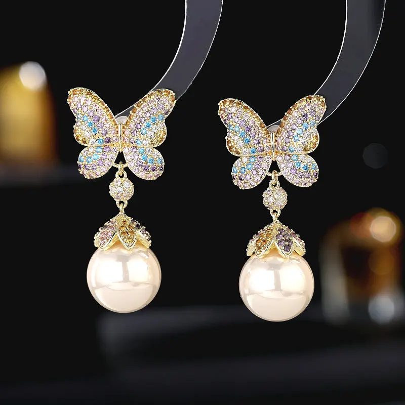 

French Retro Court Style High-End Exaggerated Elegant Temperament Zircon Inlaid Pearl Butterfly Earrings