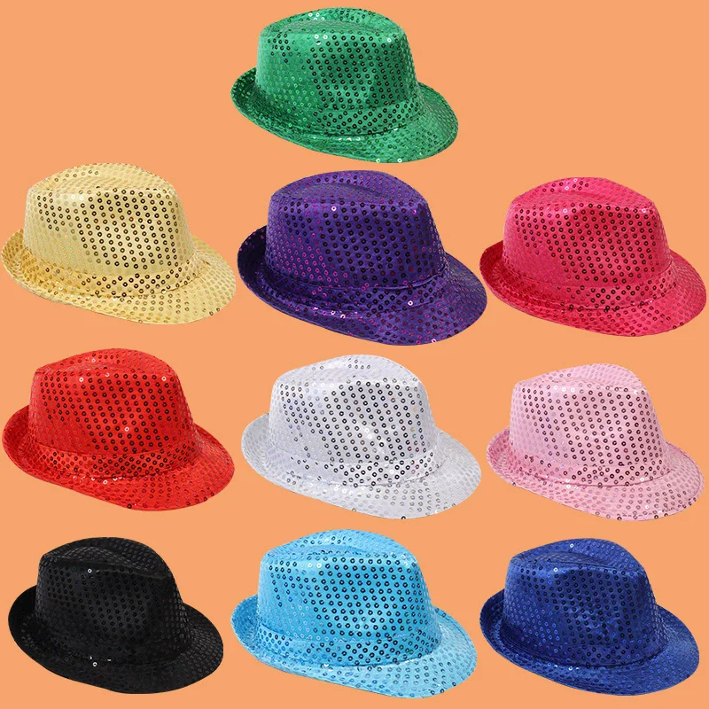 Hip Hop Magic Performance Hat Fashion Top Cap for Adult and Children Silver Sequins Jazz Stage Magic Hat for Men Kids