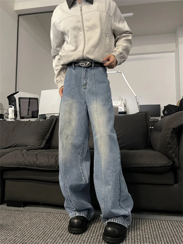 

American Retro Blue Jeans Men's Loose Fit Straight Leg Bell Bot Trendy Brand Youthful Wear Resistant High Waist Zipper