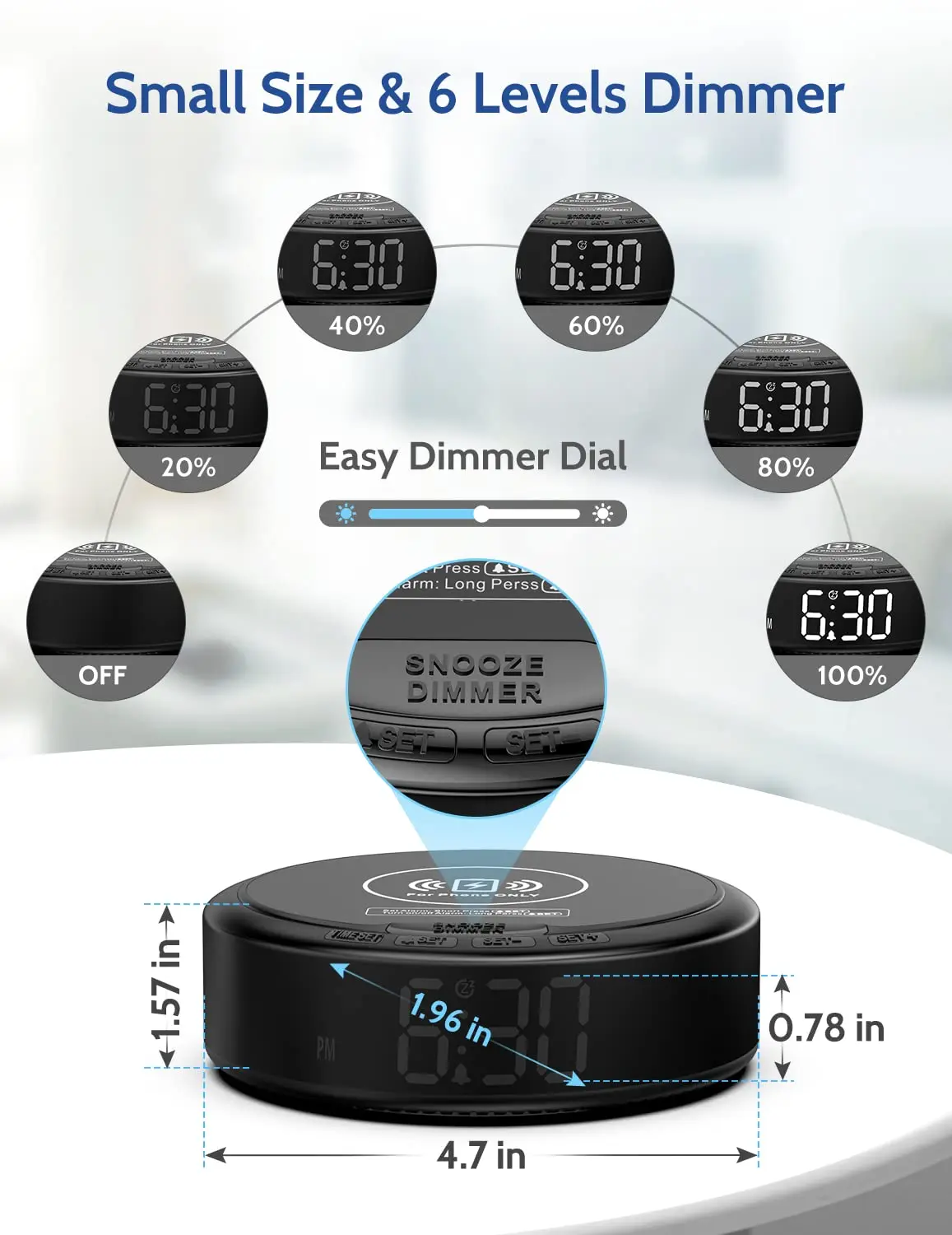 REACHER Small Wireless Charging Digital Alarm Clock Dimmable LED Display Easy Snooze Adjustable Volume Compact Size for Bedroom