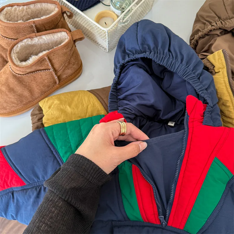 2025 Winter New Children Plus Velvet Thick Warm Coat Letter Print Boys Down Jackets Baby Girls Hooded Padded Jacket Kids Clothes