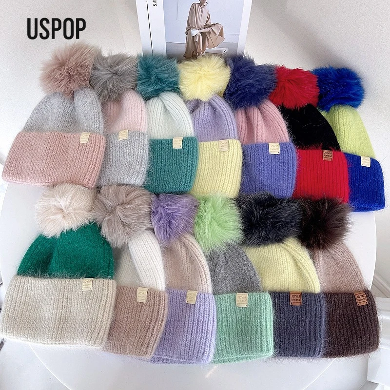 

USPOP женская вязаная шапка с цветными блоками, зимняя шапка из смеси шерсти, толстая теплая шапка со съемным помпоном из натурального лисьего меха