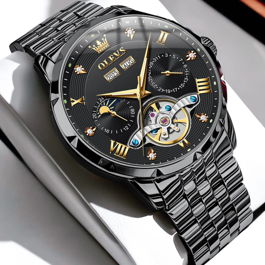 OLEVS 6691 Herrenuhr Luxus Business Original Schwungrad Automatische mechanische Uhr für Mann Ewiger Kalender Mondphase Leuchtend 4