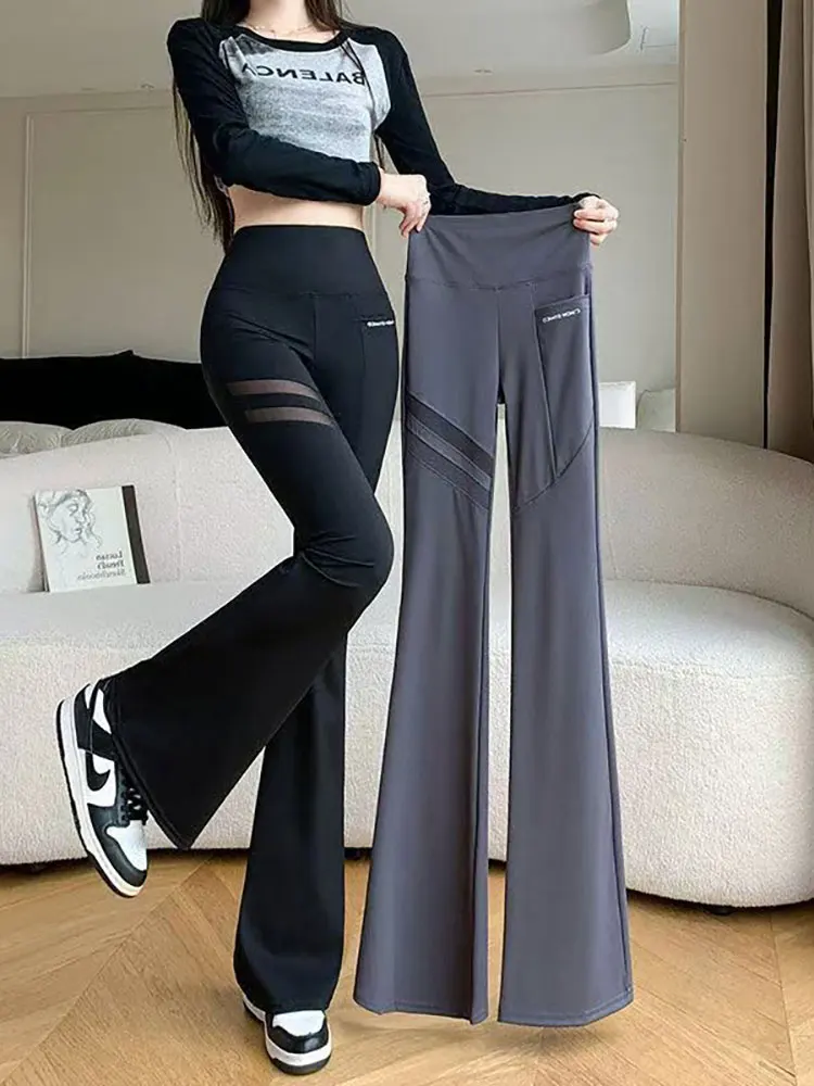 Hollow out Sexy Sport Flared Trousers Women Spring Summer Thin Mesh Patchwork High waist Pants Ladies Stretch Yoga Pants