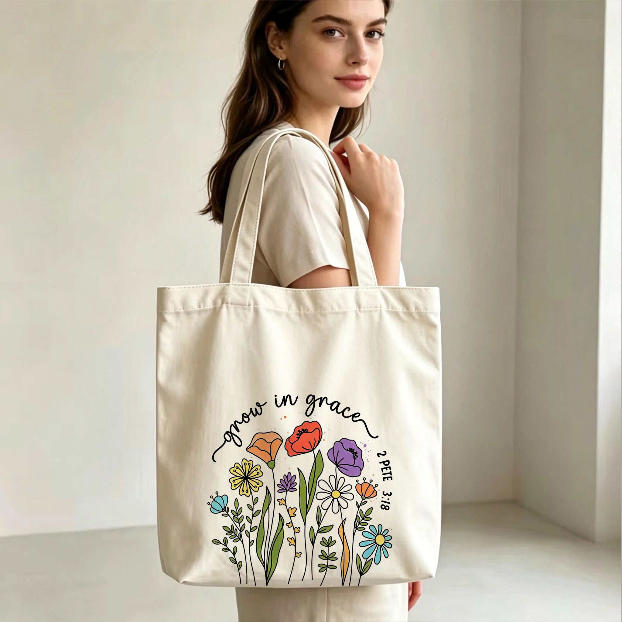 Personalized Grow in Grace Canvas Tote Bags Custom Names Wildflowers Floral Grocery Shopping Bags Reusable for Women Girls Gifts