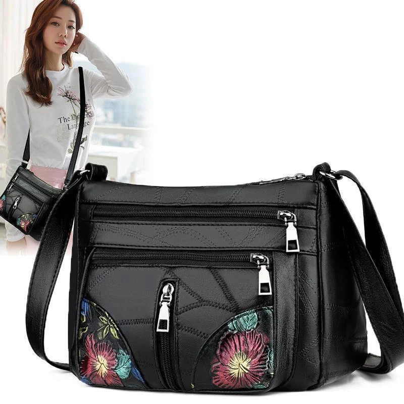 Luxury Soft Leather Women Messenger Shoulder Handbags And Purses Flowers Multi-pocket Crossbody Mommy Bag Ladies Sac