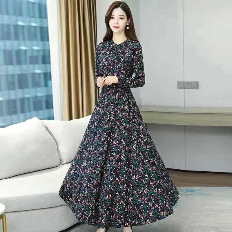 Women Spring Autumn Long Sleeve Dress Large Size Fragmented Flowers Slim Elegant Dress Mother Casual Maxi Printed Vestidos 4XL