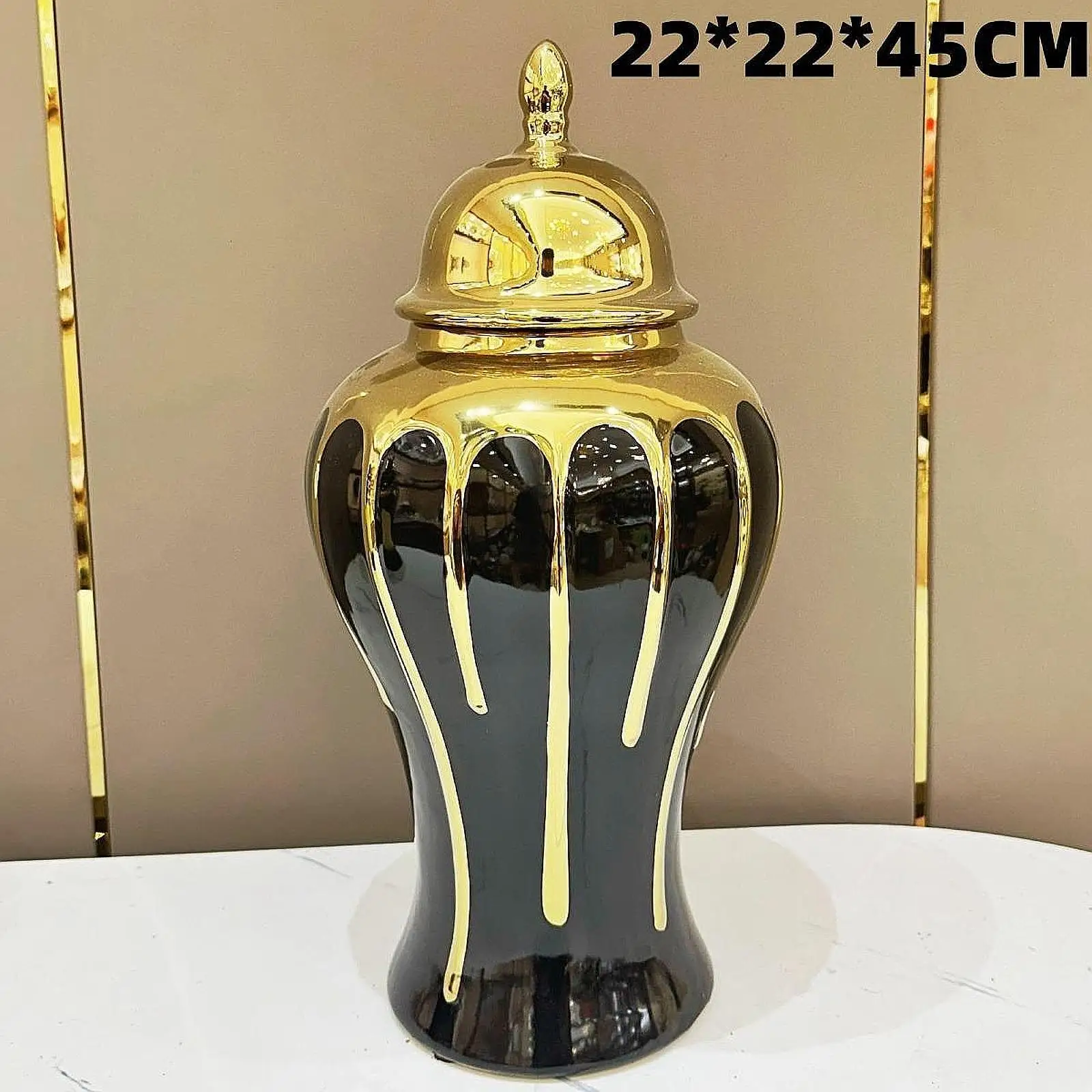 Ceramic Vase Jar Black and Gold Color Ginger Jar Handmade Collectible Desktop